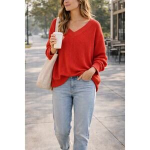 American Eagle Red Oversized Big Hug V-Neck Waffle Knit Sweatshirt Size XL